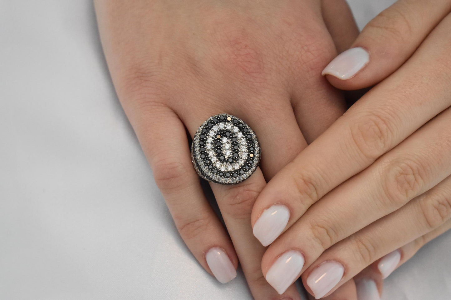 14K Solid White Gold Ring,White and Black Zircon,Wedding & Engagement Ring,Statement Ring,Ring for Mom and Her