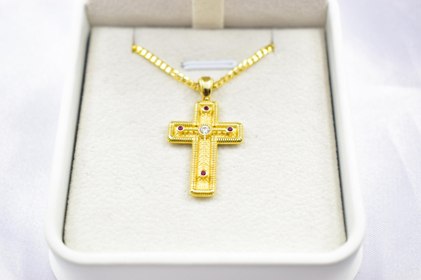 γυναικα 14K Gold Orthodox Cross Pendant with Red & White Zircons | Double-Sided Design,Handmade Religious Jewellery | Baptism Gift Ready, 14K Chain