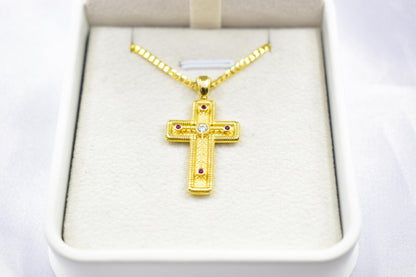 γυναικα 14K Gold Orthodox Cross Pendant with Red & White Zircons | Double-Sided Design,Handmade Religious Jewellery | Baptism Gift Ready, 14K Chain