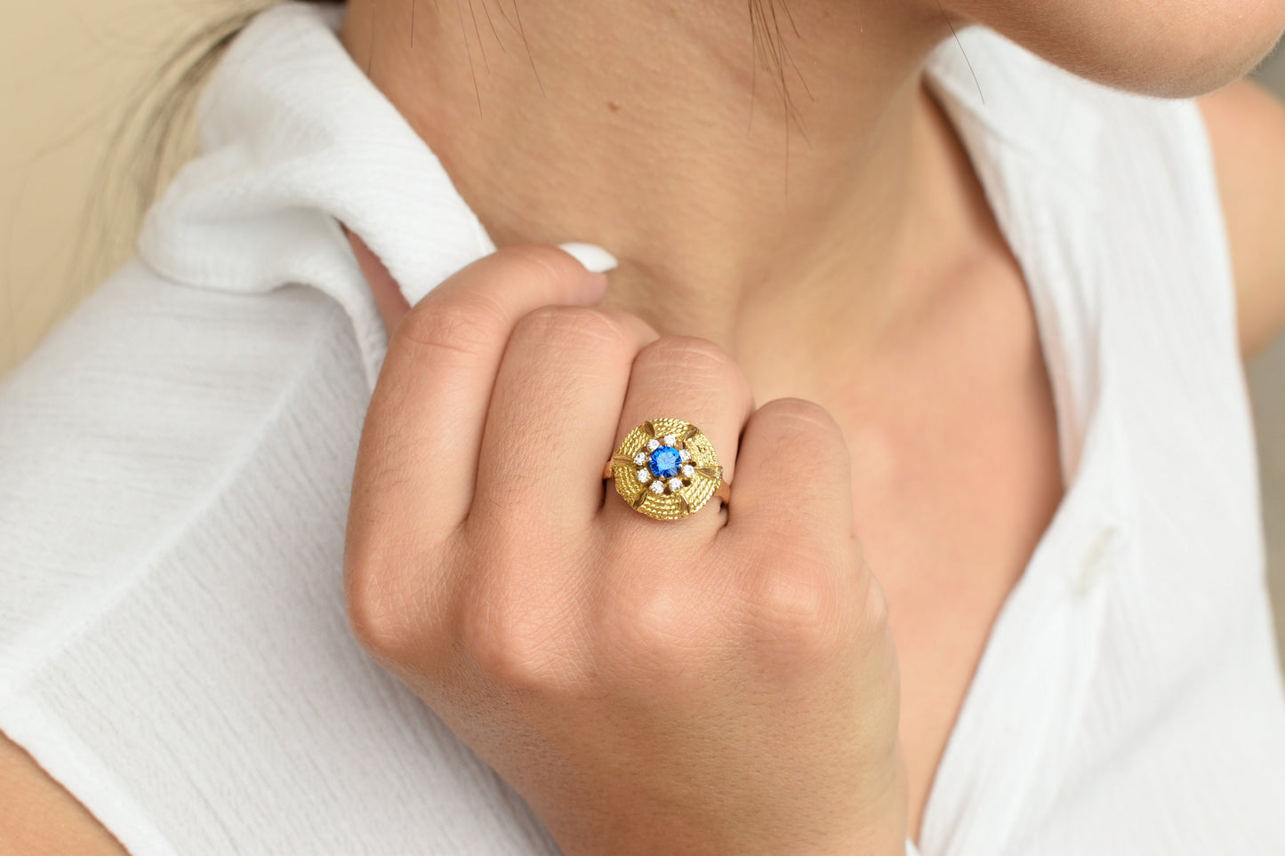 14K Solid Gold Ring with Blue and White Zirccon Accents,Circular Pyramid Style,Handcrafted Jewelry,Luxury Accessories,Exclusive Greek Ring