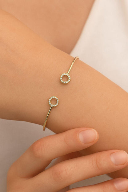 14K Gold Circle Bangle Bracelet,Open Circle Gold Bracelet,Dainty Diamond Bangle, Zircon Bangle Gift for Her,Adjustable Bracelet,Gift for Her