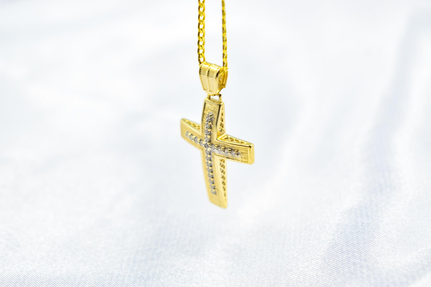 γυναικα 14K Gold Cross Pendant with Zircon Stones | Handcrafted Christian Jewellery | Dual-Sided Design | Includes 14K Gold Chain,Baptism Gift