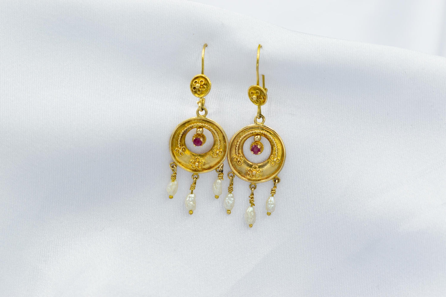 Σκουλαρίκια Boho με Ρουμπίνι & Μαργαριτάρια Κ14