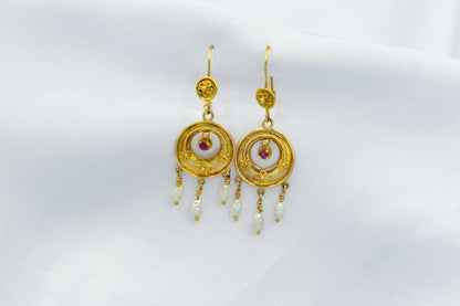 Σκουλαρίκια Boho με Ρουμπίνι & Μαργαριτάρια Κ14