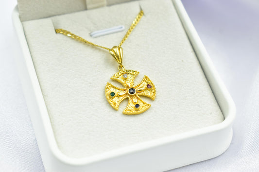 Βυζαντινός Στρογγυλός Σταυρός με πολύχρωμα Ζιργκόν Κ14