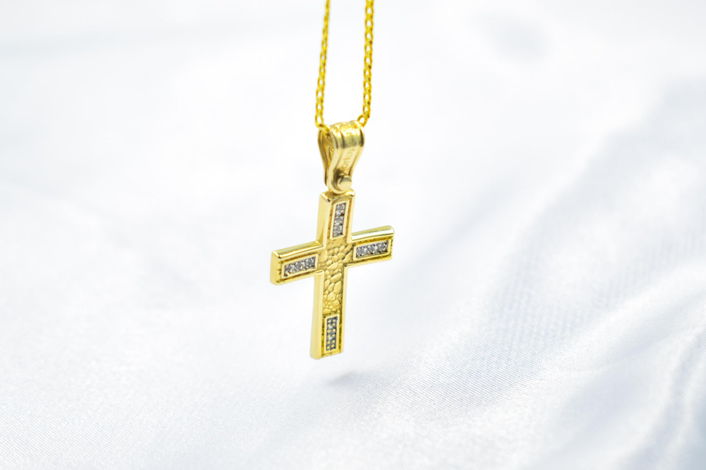 γυναικα 14K Solid Gold Cross Pendant with Zircon,Hammered Texture,Optional 14K Chain,Handmade Religious Jewellery,Women’s Men’s Cross,Baptism Gift