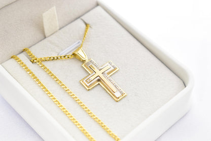 γυναικα 14K Solid Gold Cross Pendant with White Gold Detail and Cubic Zirconia – Elegant Religious Necklace for Men & Women