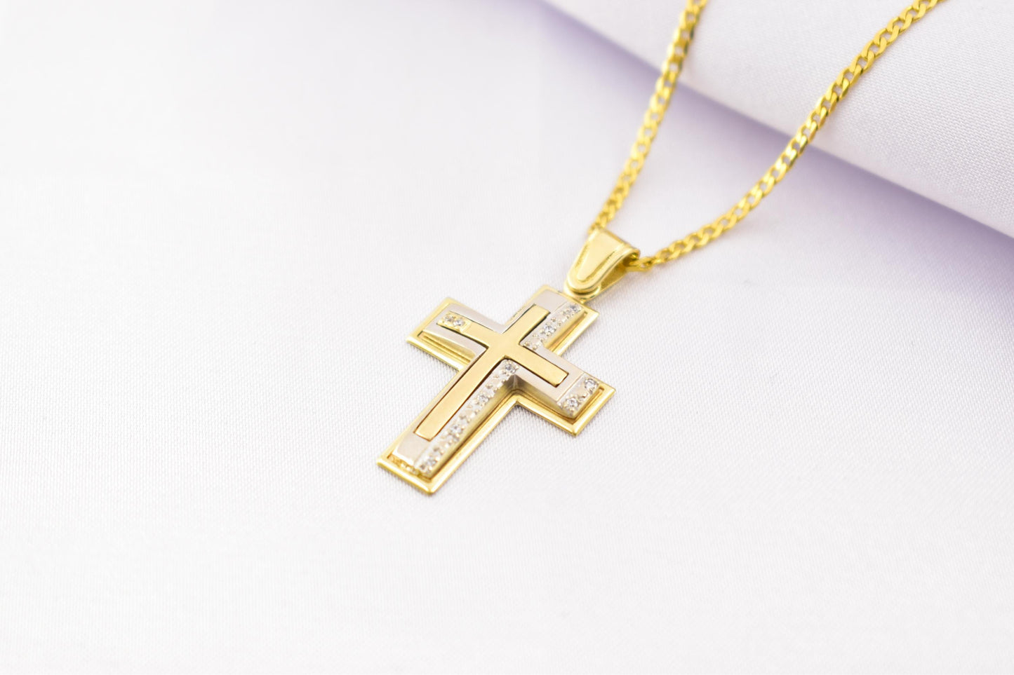γυναικα 14K Solid Gold Cross Pendant with White Gold Detail and Cubic Zirconia – Elegant Religious Necklace for Men & Women