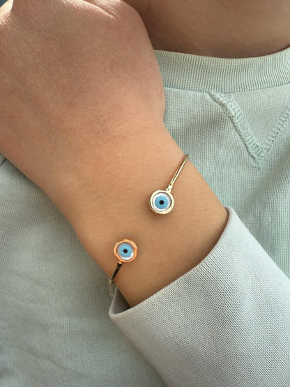 14K Gold Evil Eye Bracelet,Bangle Mother of Pearl Evil Eye,Lucky Bracelet,Eye Bangle,Protective Gift for Everyday Use,Perfect Gift for Her