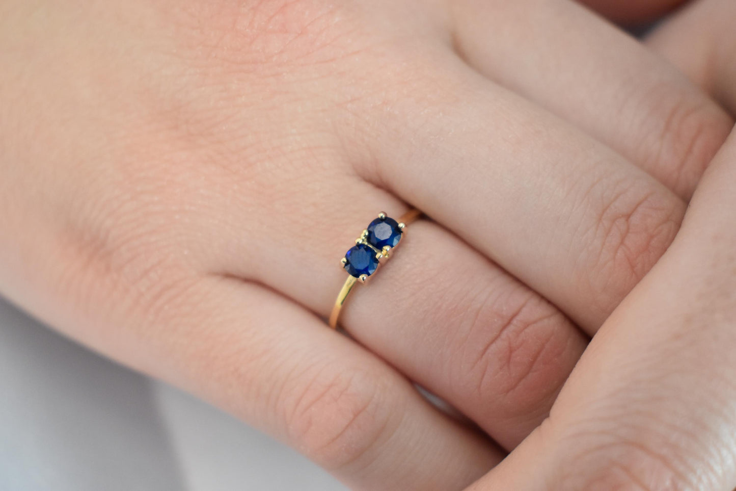 14K Solid Gold Thin Minimalist Ring–Two Round Dark Blue Zircons,Stackable Jewellery Ring,Gold Band,Wedding & Engagement Minimal Ring for Her