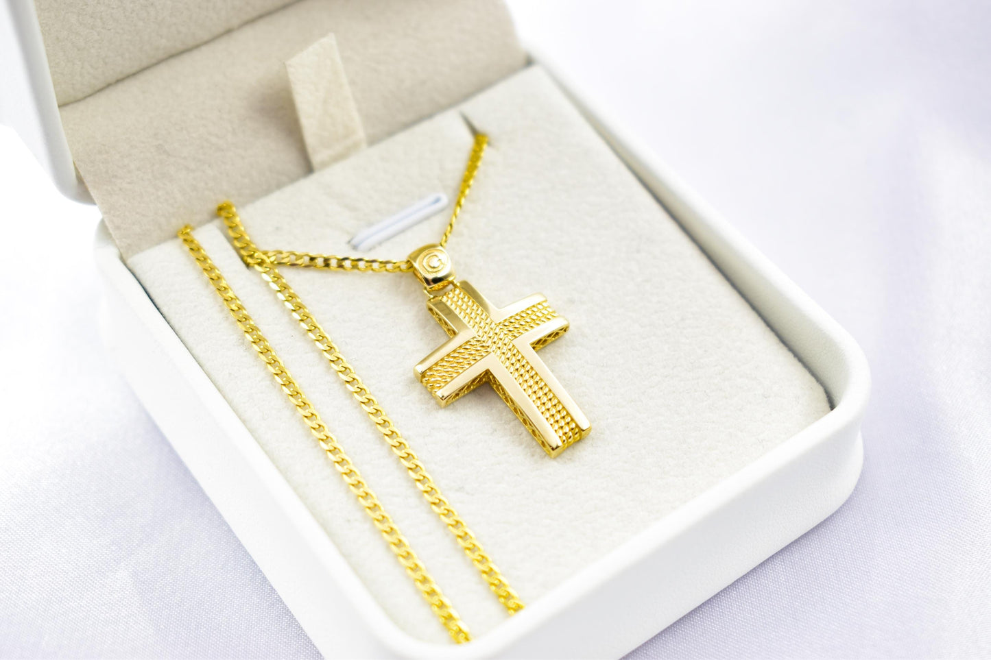 Ανδρικοί Σταυροί 14K Gold Polished Cross Pendant with Textured Center | Elegant Double-Sided Design | Men’s & Women’s Necklace Option , Baptism Gift