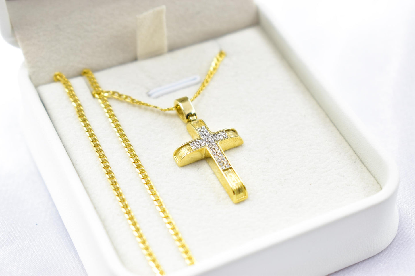 γυναικα 14K Solid Gold Cross Pendant with White Zircon Stones – Optional Matching Chain – Unisex Baptism Gift, Women’s and Men’s Gold Cross