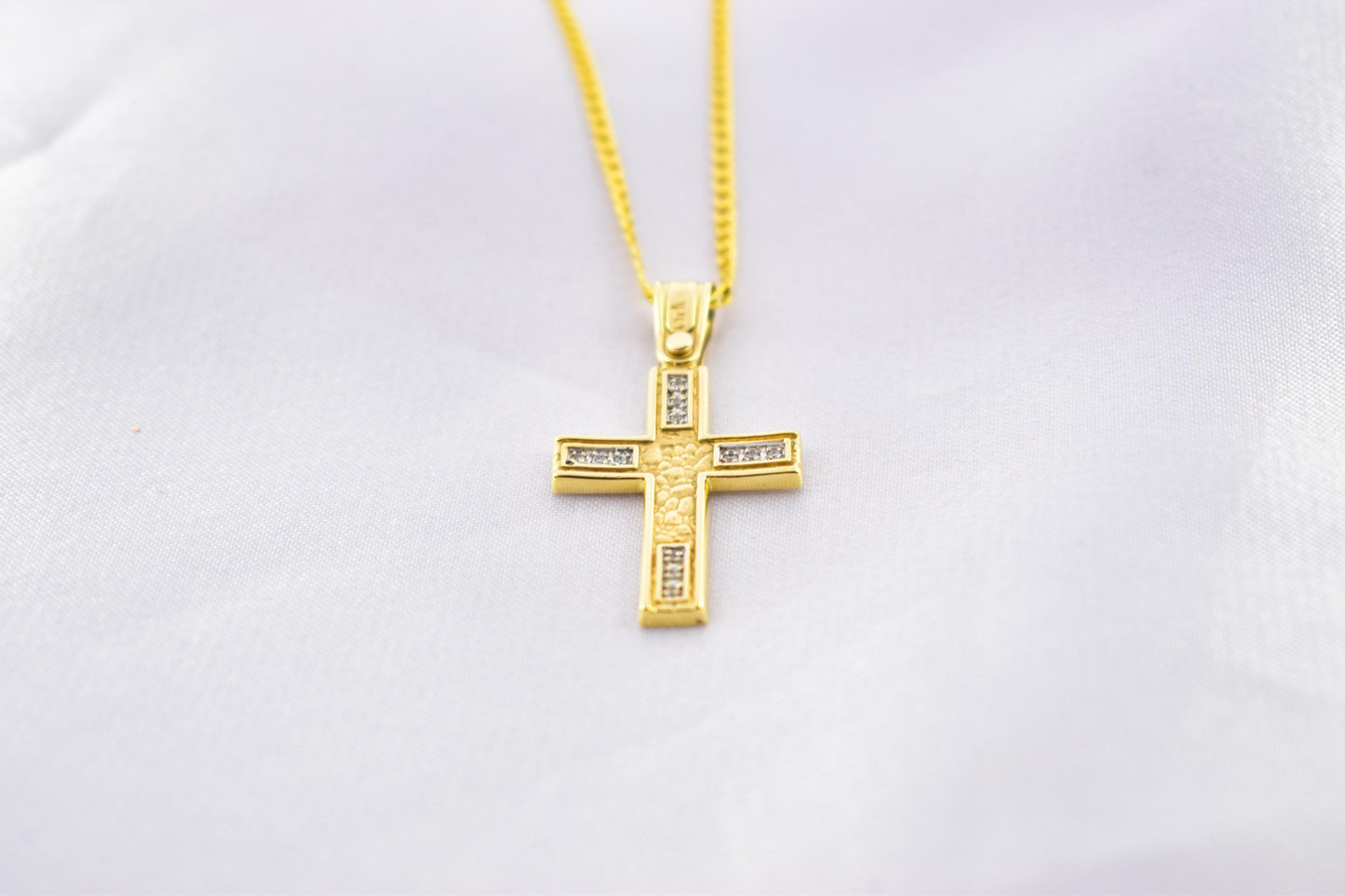 γυναικα 14K Solid Gold Cross Pendant with Zircon,Hammered Texture,Optional 14K Chain,Handmade Religious Jewellery,Women’s Men’s Cross,Baptism Gift
