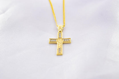 γυναικα 14K Solid Gold Cross Pendant with Zircon,Hammered Texture,Optional 14K Chain,Handmade Religious Jewellery,Women’s Men’s Cross,Baptism Gift