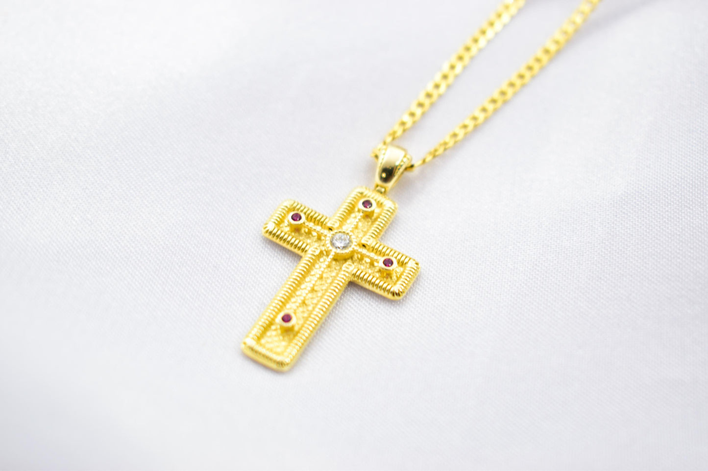 γυναικα 14K Gold Orthodox Cross Pendant with Red & White Zircons | Double-Sided Design,Handmade Religious Jewellery | Baptism Gift Ready, 14K Chain