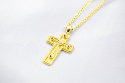 γυναικα 14K Gold Orthodox Cross Pendant with Red & White Zircons | Double-Sided Design,Handmade Religious Jewellery | Baptism Gift Ready, 14K Chain