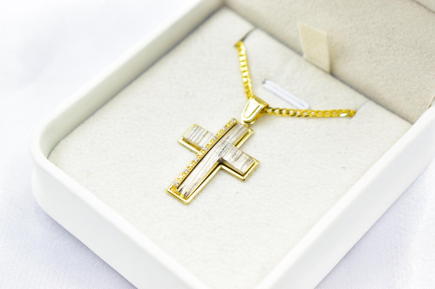 γυναικα 14K Gold Cross Pendant with White and Yellow Gold Finish,Elegant Textured Design ,Handmade Religious,Women’s Men’s Cross,Baptism Gift