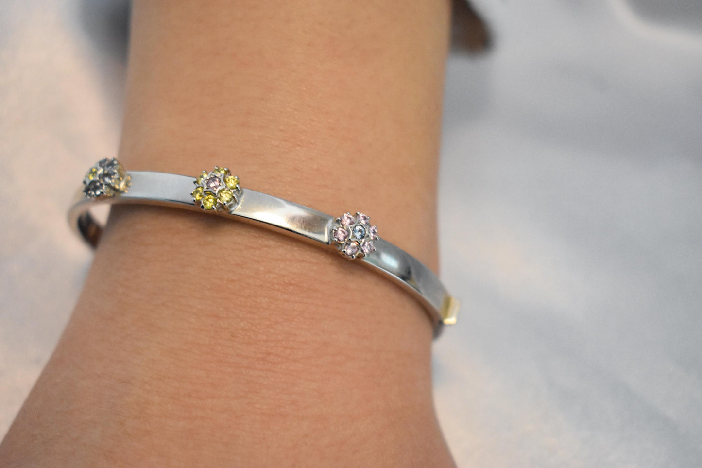 14K White Solid Gold Bracelet with Flower Zircons,Birthstone Bangle for Women,Wedding & Engagement Bracelet,Gold Flower Bracelet for Her