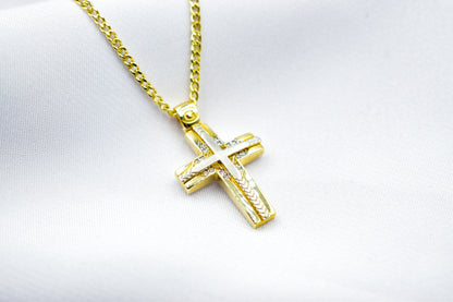γυναικα 14K Solid Gold Embossed Cross Necklace with Zircon,Christian Pendant, Religious Gold Cross,14K Gold Baby Shower Cross Charm,Protective Gift
