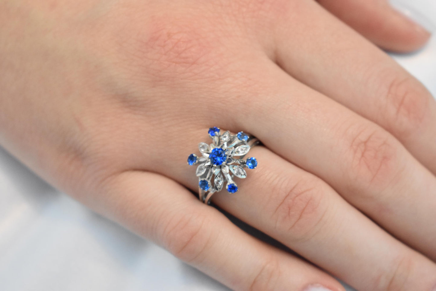 14K Solid Gold Ring Blue and White Zircon,Vintage Retro Ring,Engagement & Wedding Gold Ring,Statement Ring,Stackable Gold Ring,Gift for Her