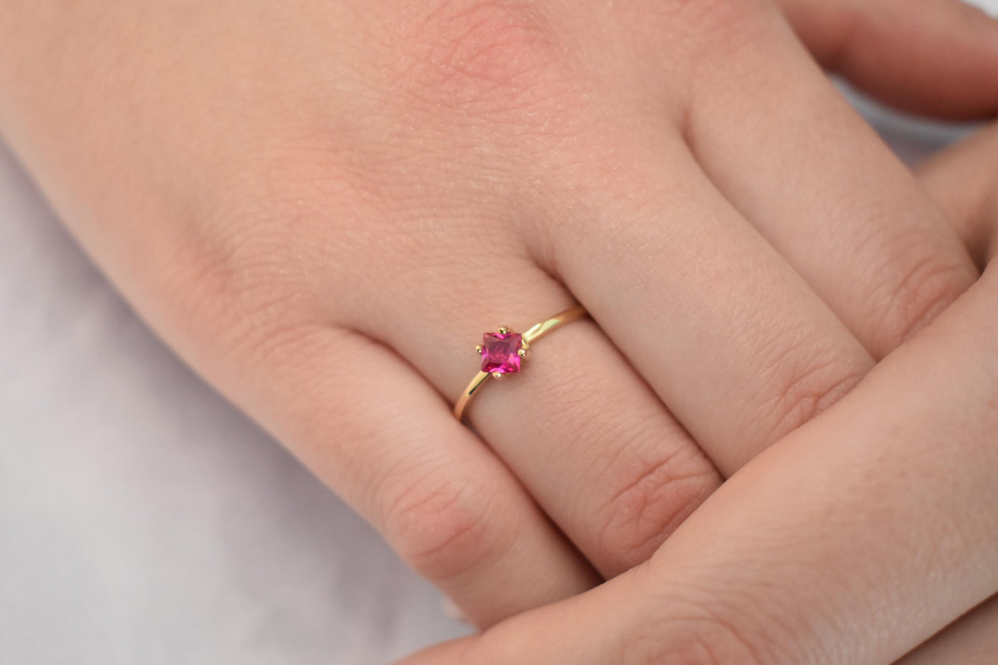 14K Solid Gold Thin Minimalist Ring–Square Deep Pink Zircon,Stackable Jewellery Gold Ring,14K Wedding & Engagement Stacking Ring for Her