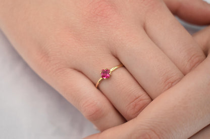 14K Solid Gold Thin Minimalist Ring–Square Deep Pink Zircon,Stackable Jewellery Gold Ring,14K Wedding & Engagement Stacking Ring for Her