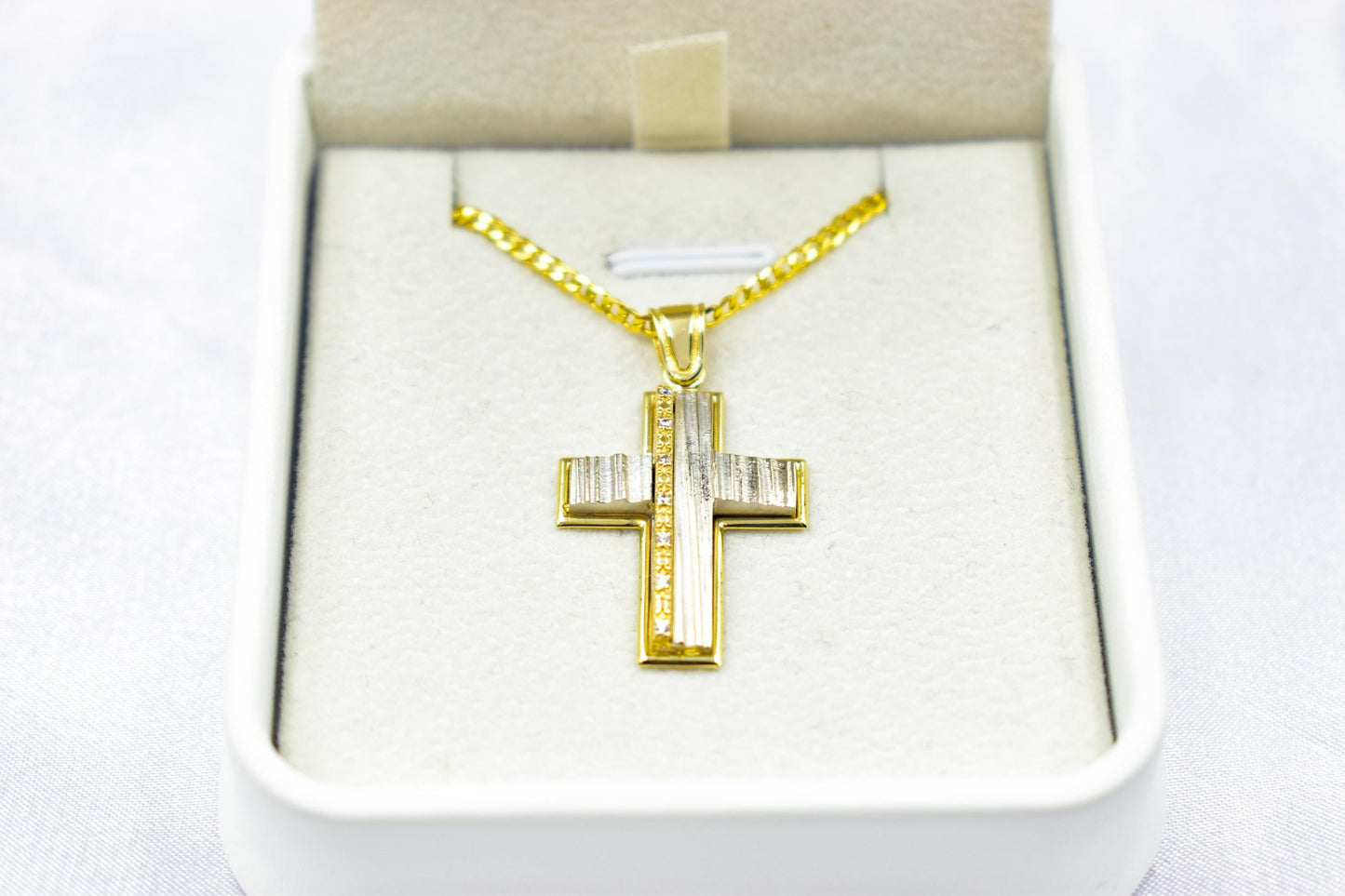 γυναικα 14K Gold Cross Pendant with White and Yellow Gold Finish,Elegant Textured Design ,Handmade Religious,Women’s Men’s Cross,Baptism Gift