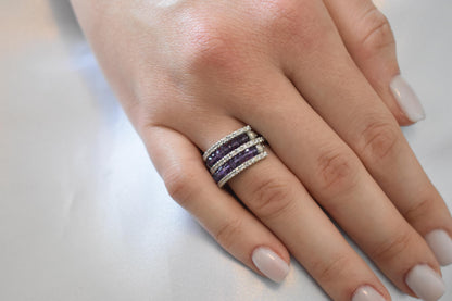 18K Solid Gold Ring with Two Rows of Rotating Amethysts,Elegant Unique Design Stackable Jewellery Ring,18K Wedding Ring for Her