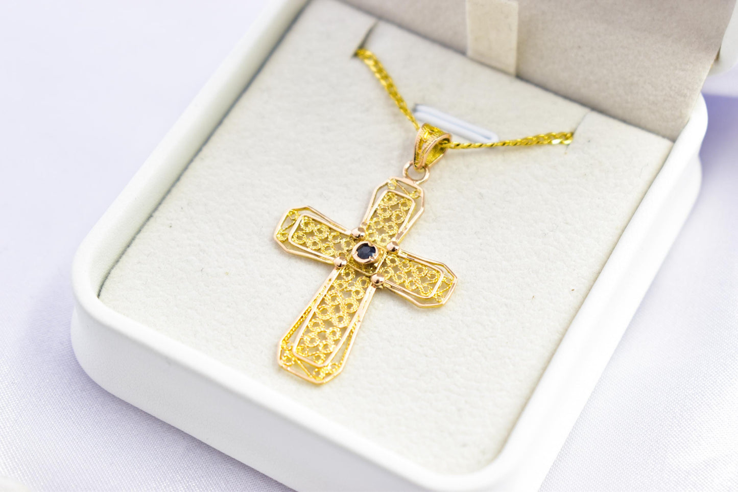 γυναικα Byzantine 14K Gold Cross with Natural Sapphire | Handmade Filigree Orthodox Pendant | Baptism Gift | Unisex Necklace with Optional 14K Chain