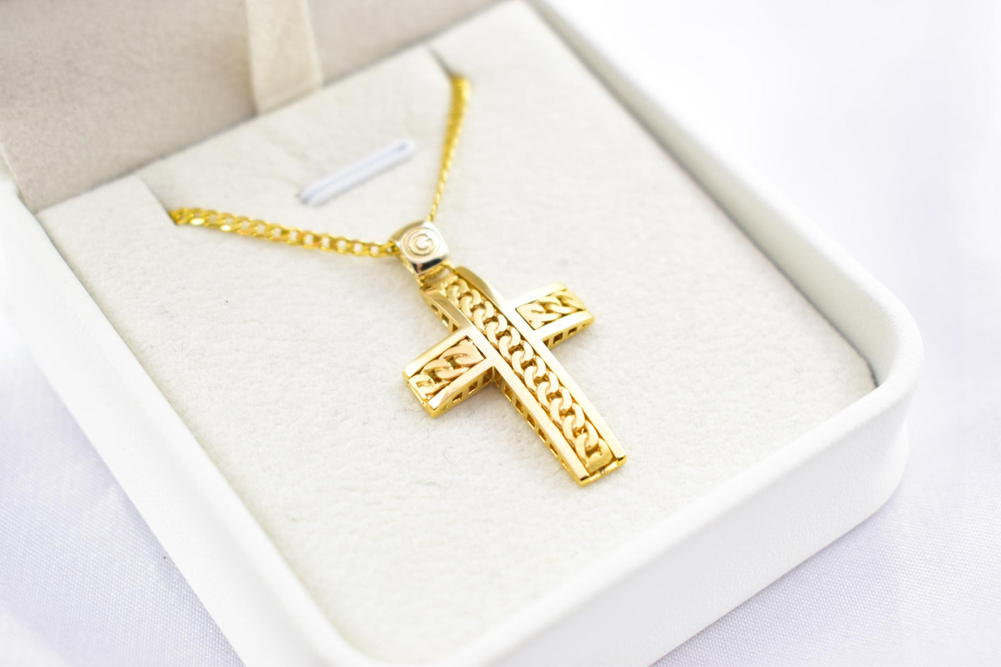 Ανδρικοί Σταυροί 14K Gold Solid Cross Pendant with Cuban Chain Design | Reversible Design | Handmade Christian Jewellery,Men’s & Women’s Option ,Baptism Gift