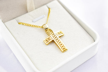 Ανδρικοί Σταυροί 14K Gold Solid Cross Pendant with Cuban Chain Design | Reversible Design | Handmade Christian Jewellery,Men’s & Women’s Option ,Baptism Gift