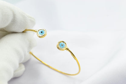 14K Gold Evil Eye Bracelet,Bangle Mother of Pearl Evil Eye,Lucky Bracelet,Blue Eye Bangle,Protective Gift for Everyday Use,Gold Eye Bracelet
