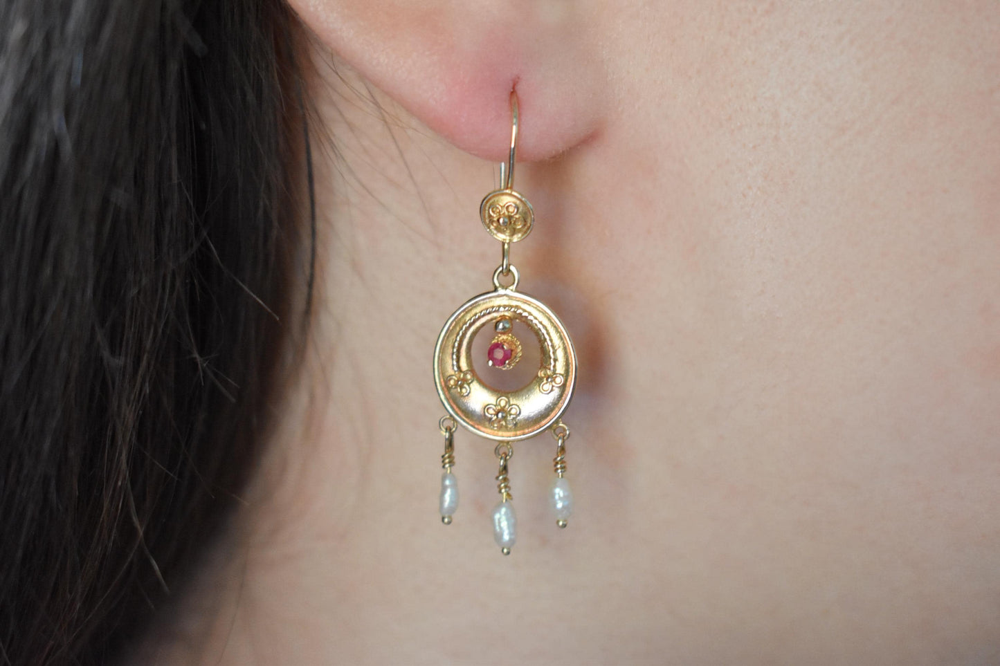 Σκουλαρίκια Boho με Ρουμπίνι & Μαργαριτάρια Κ14