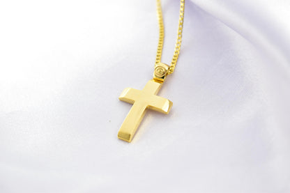 Ανδρικοί Σταυροί 9K Solid Gold Cross Pendant with 14K Chain – Double-Sided Hammered & Polished Cross – Christian Necklace for Men or Women – Baptism Gift