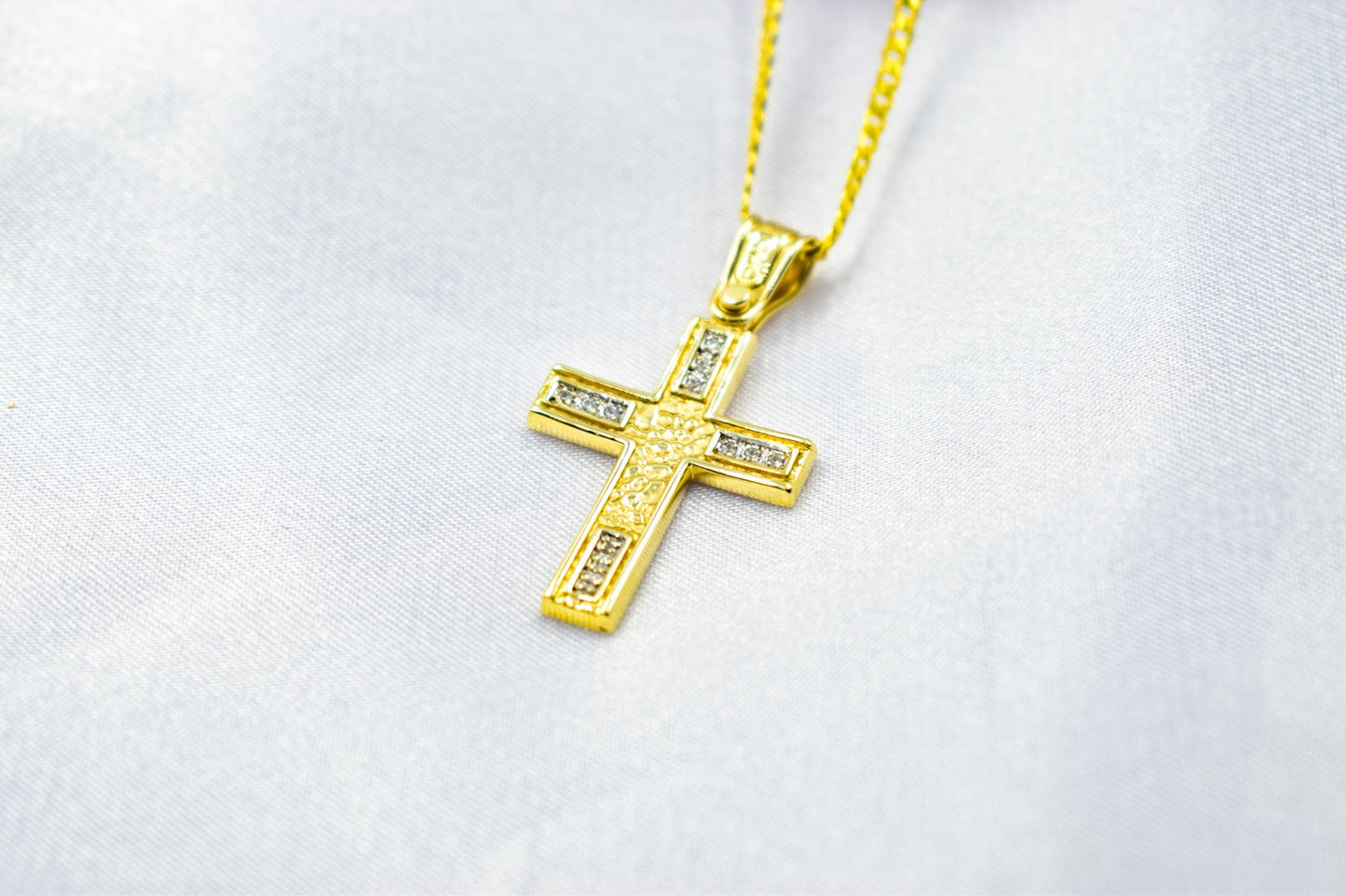 γυναικα 14K Solid Gold Cross Pendant with Zircon,Hammered Texture,Optional 14K Chain,Handmade Religious Jewellery,Women’s Men’s Cross,Baptism Gift