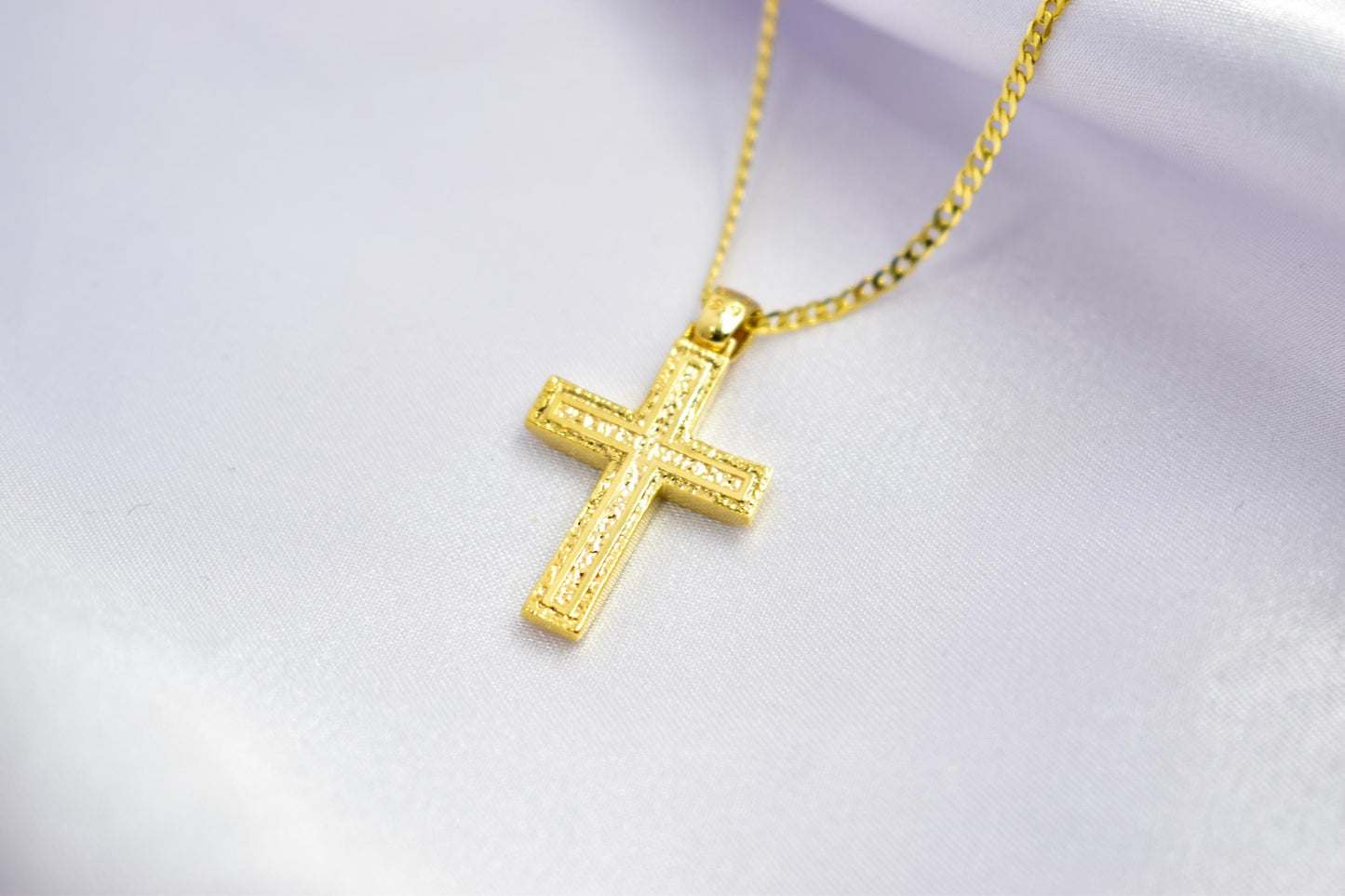 Ανδρικοί Σταυροί 9K Solid Gold Cross Pendant with 14K Chain – Double-Sided Hammered & Polished Cross – Christian Necklace for Men or Women – Baptism Gift