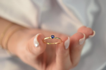 14K Solid Gold Thin Minimalist Ring–Dark Blue Zircon, Stackable Jewellery Gold Ring,14K Wedding & Engagement Ring for Her