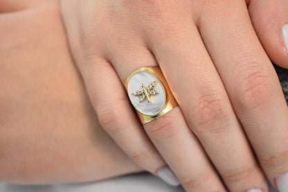Χειροποίητο Οβάλ Δαχτυλίδι με Φίλντισι & Λιβελούλα με Ζιργκόν