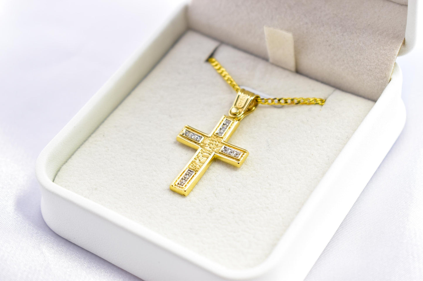 γυναικα 14K Solid Gold Cross Pendant with Zircon,Hammered Texture,Optional 14K Chain,Handmade Religious Jewellery,Women’s Men’s Cross,Baptism Gift