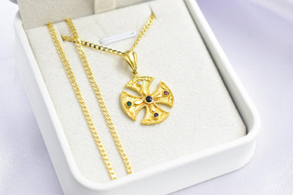 Βυζαντινός Στρογγυλός Σταυρός με πολύχρωμα Ζιργκόν Κ14