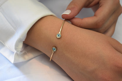 14K Gold Evil Eye Bracelet,Bangle Mother of Pearl Evil Eye,Lucky Bracelet,Blue Eye Bangle,Protective Gift for Everyday Use,Gold Eye Bracelet