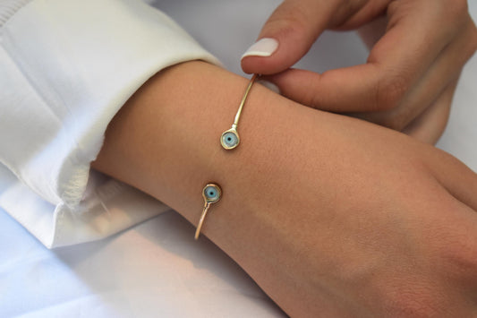 14K Gold Evil Eye Bracelet,Bangle Mother of Pearl Evil Eye,Lucky Bracelet,Blue Eye Bangle,Protective Gift for Everyday Use,Gold Eye Bracelet