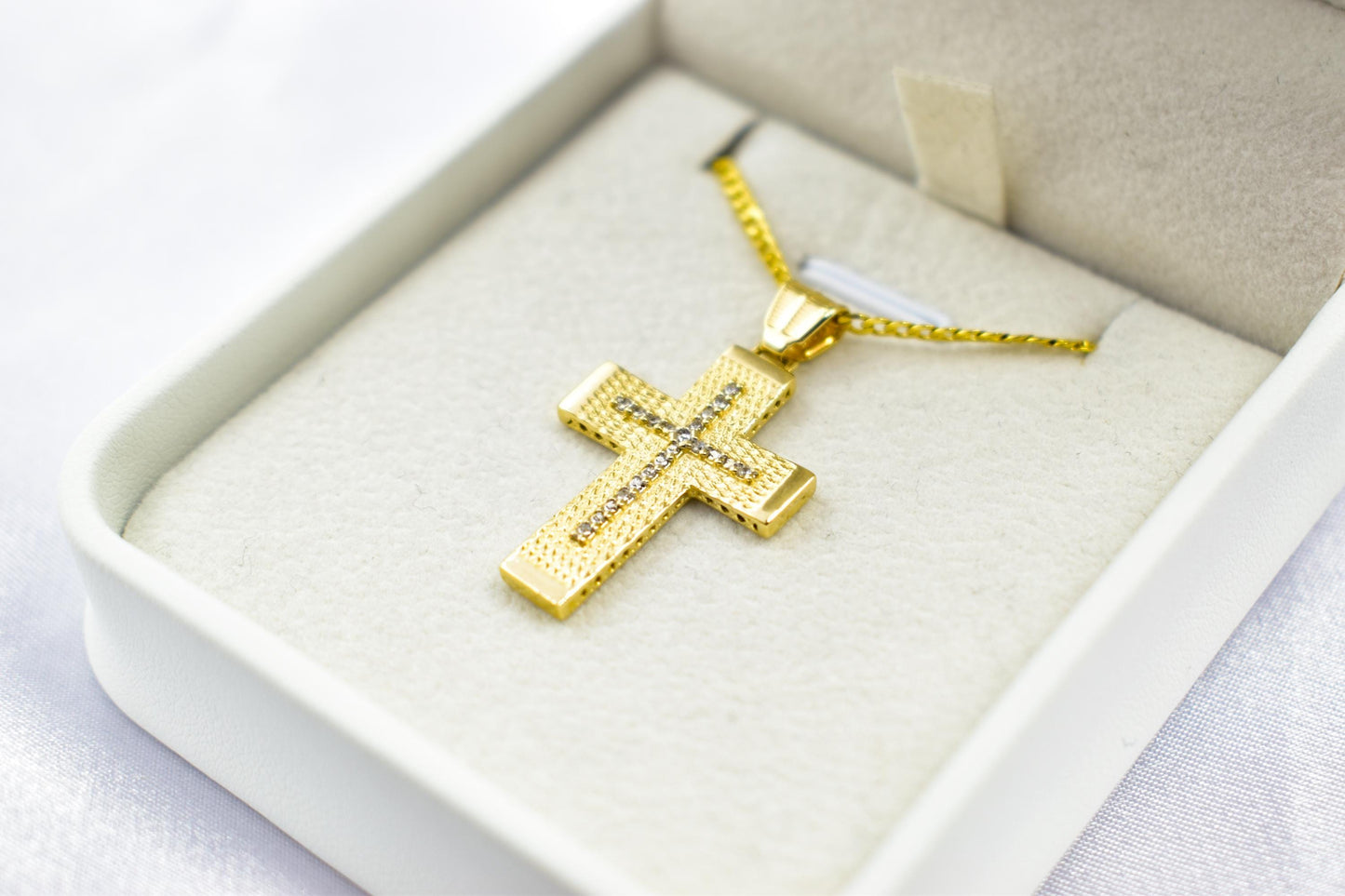 γυναικα 14K Gold Textured Cross Pendant with White Zircon Stones | Reversible Design | Elegant Christian Jewellery for Men  Women,Orthodox Cross