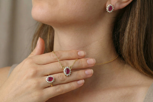 Σετ Κοσμημάτων Κ14 Ροζέτα με Φυσικό Ρουμπίνι & Ζιργκόν - Δαχτυλίδι, Κολιέ & Σκουλαρίκια