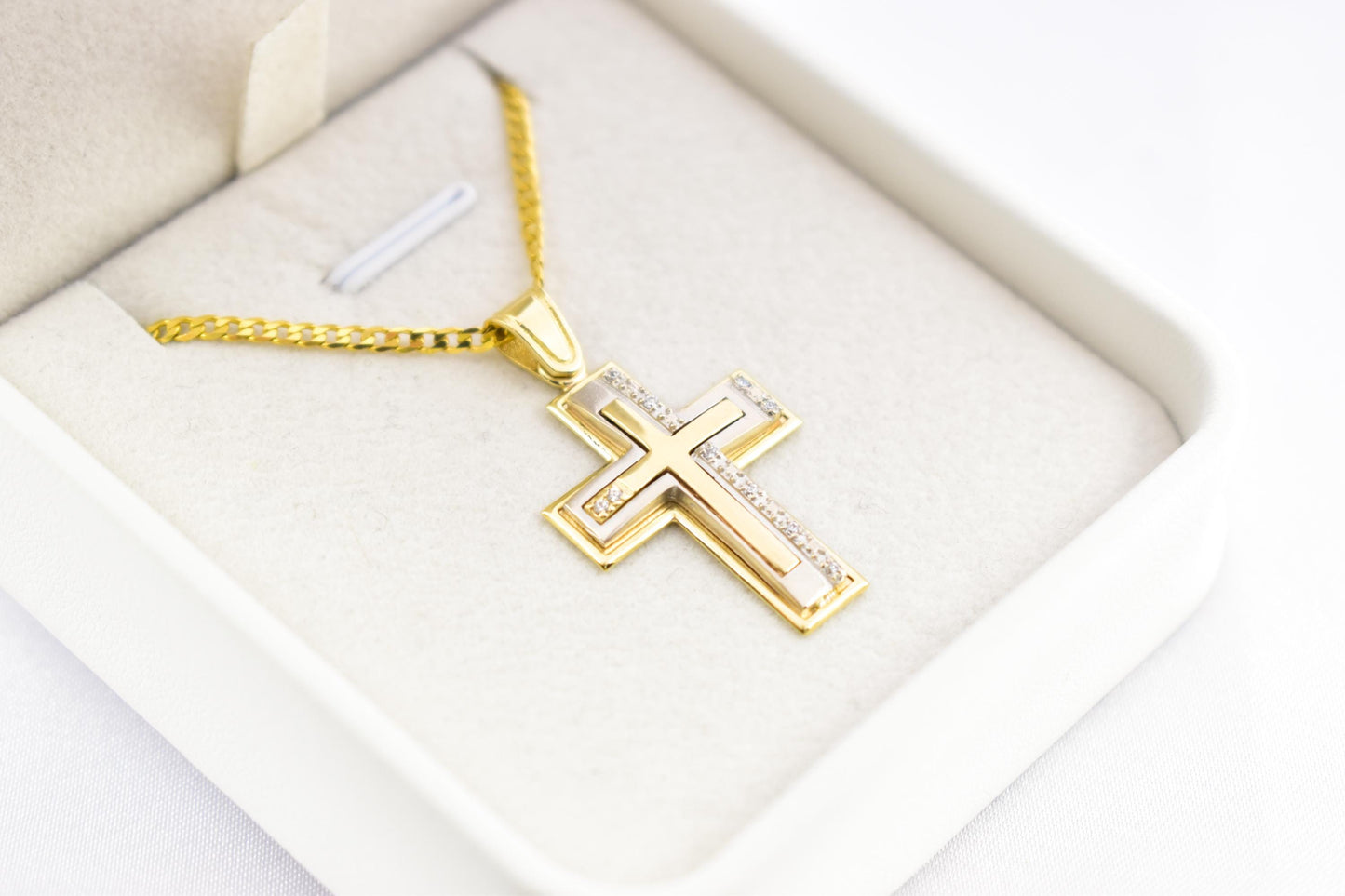 γυναικα 14K Solid Gold Cross Pendant with White Gold Detail and Cubic Zirconia – Elegant Religious Necklace for Men & Women