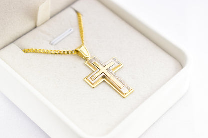 γυναικα 14K Solid Gold Cross Pendant with White Gold Detail and Cubic Zirconia – Elegant Religious Necklace for Men & Women