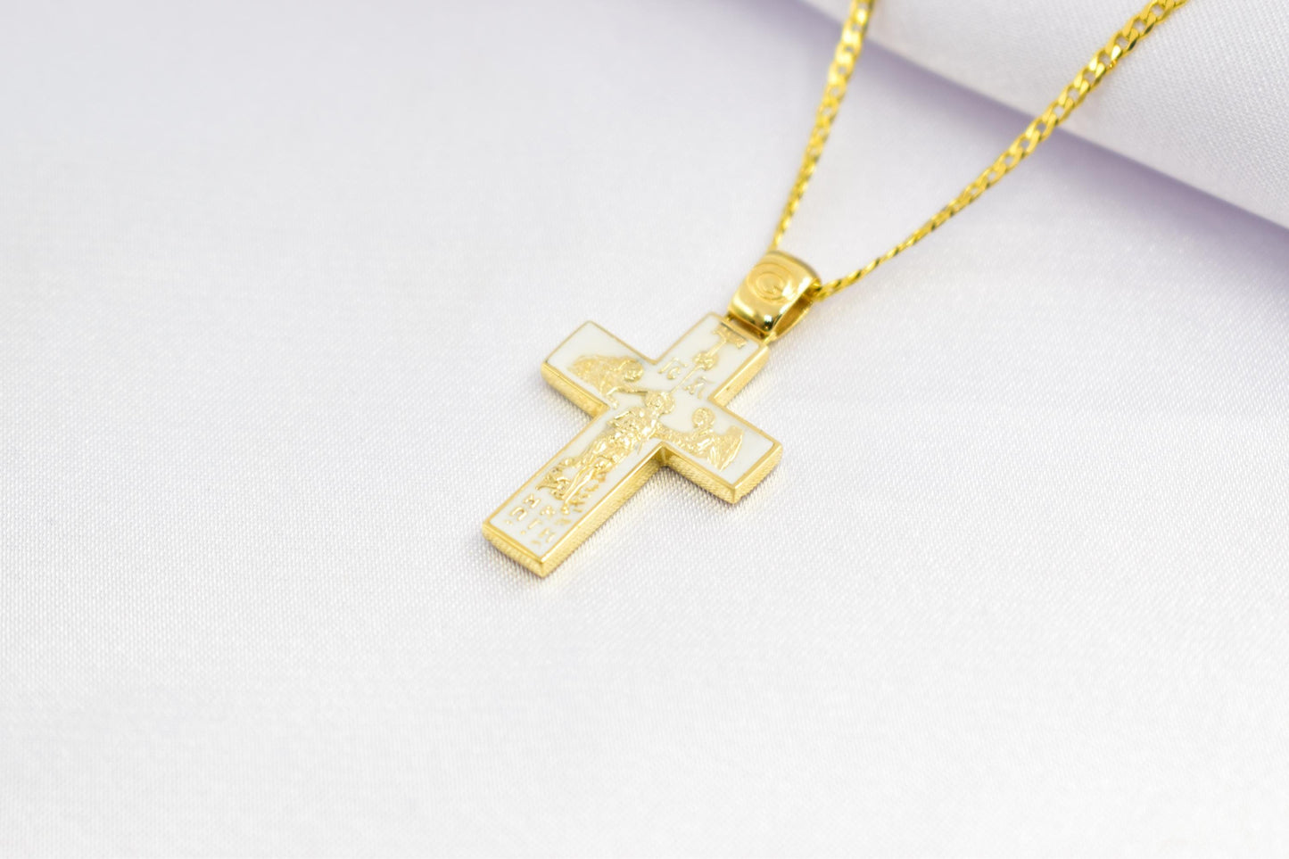 γυναικα 14K Gold Orthodox Cross Pendant with Enamel Back – Double-Sided Religious Jewelry for Men & Women