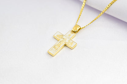 γυναικα 14K Gold Orthodox Cross Pendant with Enamel Back – Double-Sided Religious Jewelry for Men & Women