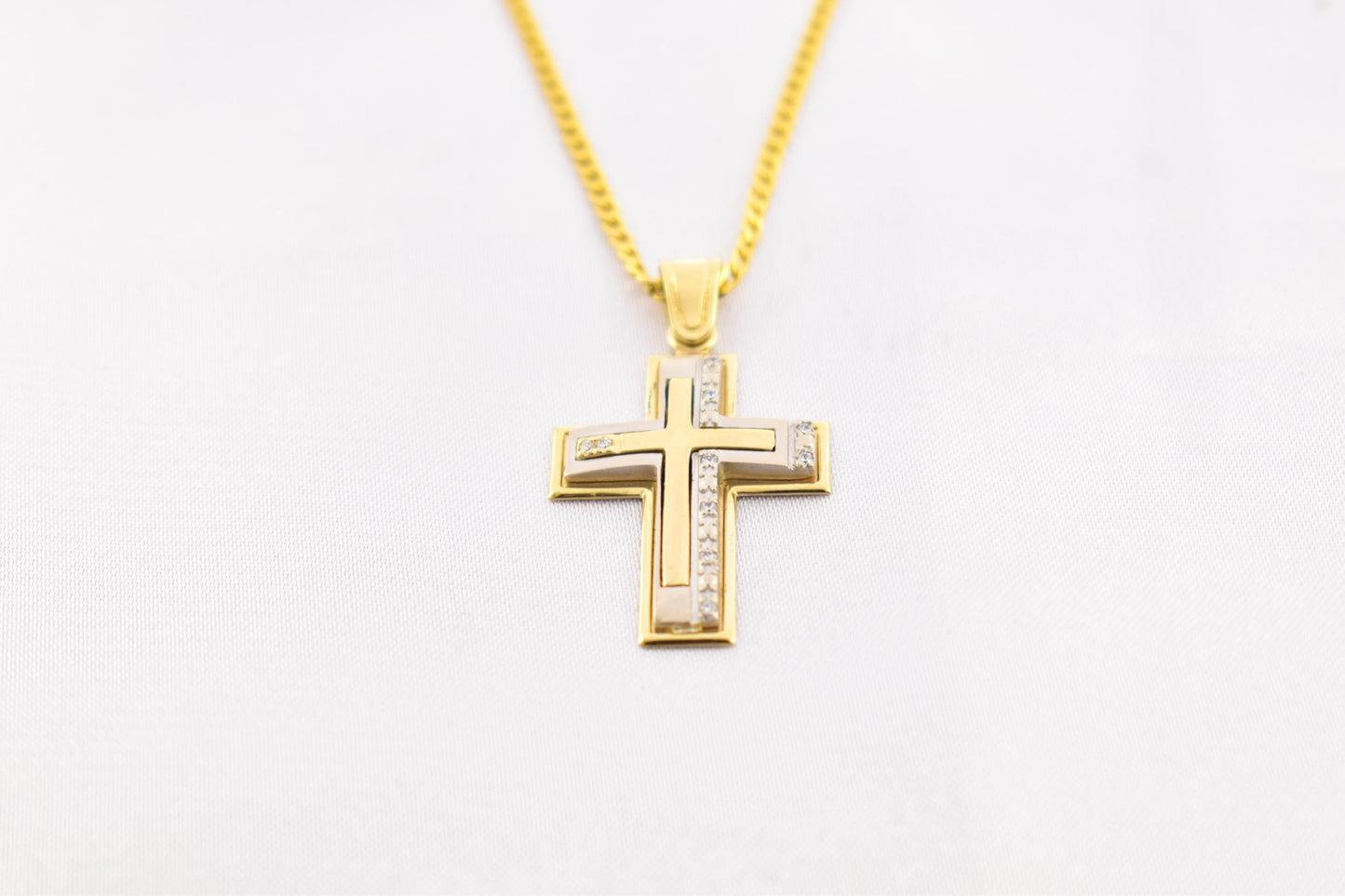 γυναικα 14K Solid Gold Cross Pendant with White Gold Detail and Cubic Zirconia – Elegant Religious Necklace for Men & Women