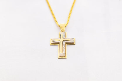 γυναικα 14K Solid Gold Cross Pendant with White Gold Detail and Cubic Zirconia – Elegant Religious Necklace for Men & Women